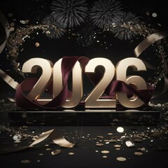 Celebratory 2026 Sign with Gold and Burgundy Ribbon. Elegant 's Theme with Confetti and Streamers.