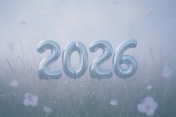 Celebratory balloons spelling 2026 in a serene meadow with soft light and delicate flowers
