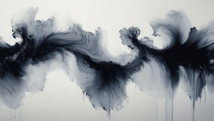 Abstract black ink swirling and spreading on a white surface with fluid dynamic patterns and dripping stains evoking motion and mysterious energy