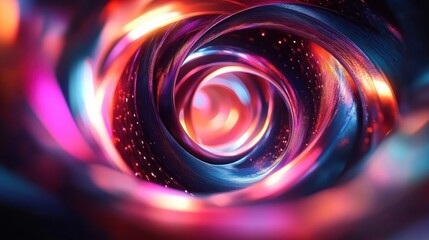 Abstract glowing swirling tunnel with vibrant neon colors and sparkling light particles creating a futuristic and dynamic atmosphere