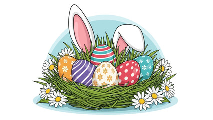 Cheerful illustration of colorful Easter eggs in a grass nest with bunny ears and spring flowers, symbolizing joy and renewal for the holiday