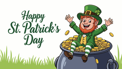 Festive Leprechaun Character Sits in a Pot of Gold, Celebrating St patricks day
