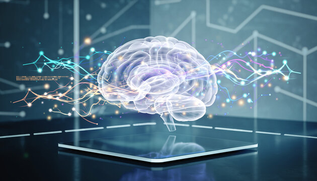 A glowing, transparent brain model sits atop a digital tablet, with data lines. - Powered by Adobe