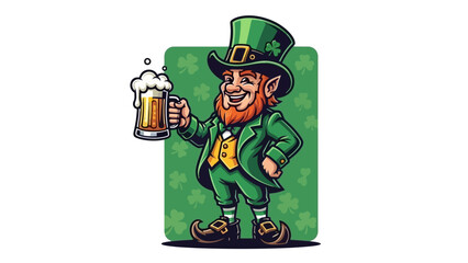 Smiling cartoon leprechaun in traditional green attire celebrating St. Patrick's Day with a refreshing mug of frothy beer, surrounded by lucky shamrocks, a vibrant festive illustration