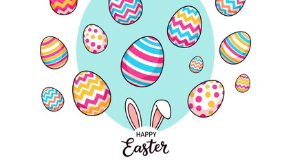 Happy Easter Greeting Card Featuring Colorful Eggs and Bunny Ears on a Light Blue Background