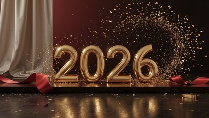 Luxurious gold 2026 celebration with confetti and red ribbon. Elegant concept with shiny gold numbers and sparkling background.