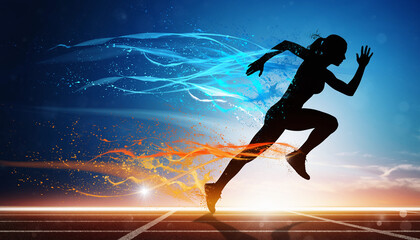 Silhouette of a sprinting athlete with energetic trails of light, motion.
