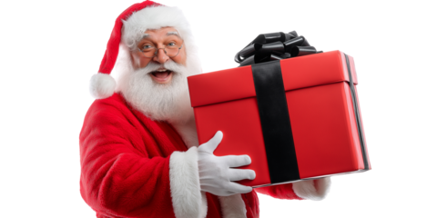Happy Santa Claus Holding a Red Christmas Gift Box