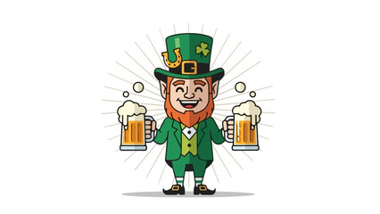 A cheerful leprechaun dressed in green holding two frothy mugs of beer, celebrating Saint Patrick's Day with a lucky horseshoe on his hat