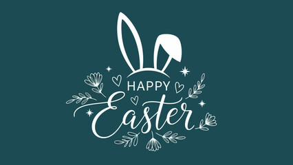 Happy Easter graphic with bunny ears and floral accents on a dark teal background, festive and celebratory © Aldi