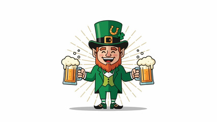 Happy cartoon leprechaun celebrating St. Patrick's Day with two foamy mugs of golden beer, radiating cheer and Irish festive spirit