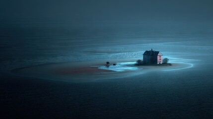 Obraz premium Isolated house on a small island at night.
