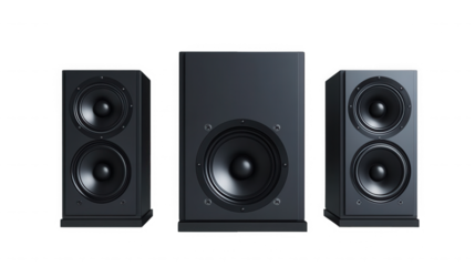 A studio setup displaying a center channel speaker and two bookshelf speakers on  on transparent background