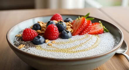 Healthy breakfast bowl with yogurt berries granola and honey drizzle