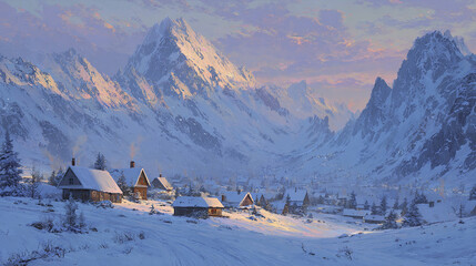 Quiet mountain village blanketed in snow with warm chimneys rising gently, nestled among towering peaks under soft pastel sky, evoking peaceful winter serenity