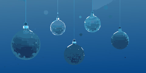 Elegant blue christmas ornaments hanging on strings in a festive background