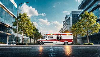 Ambulance driving on a city street, with modern buildings and trees in the background under a bright sky.