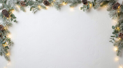 Christmas background with a border of frosted pine branches and eucalyptus leaves and pinecones on a white textured surface with warm string lights and copy space