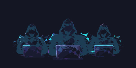 Abstract hacker group with laptops in dark low poly style