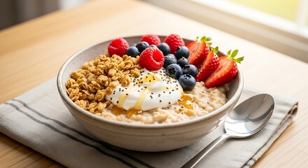 Healthy oatmeal bowl topped with fresh berries granola and yogurt