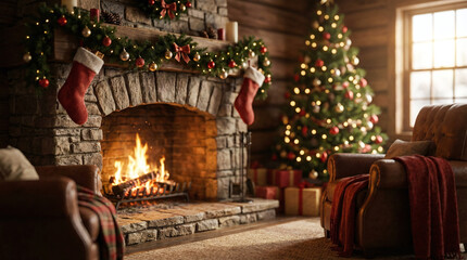 Fototapeta premium Cozy traditional Christmas living room with fireplace and illuminated tree