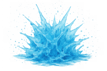 Blue water splash graphic, clean liquid erupting, fresh aqua burst with droplets, transparent background element