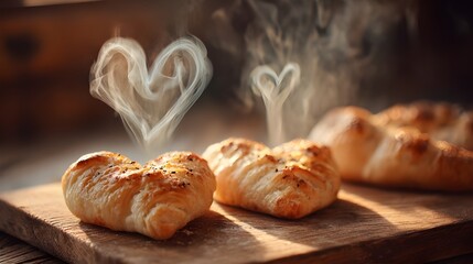 Fresh Baked Heart Shaped Pastry Steam Rising From Bread
