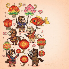 Fototapeta premium Cute Cartoon Horses Celebrating Chinese New Year with Lanterns and Fish.
