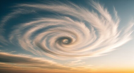 A mesmerizing cloud formation swirls in the sky, resembling a vortex or cyclone, with soft pastel colors creating a dreamy and ethereal atmosphere