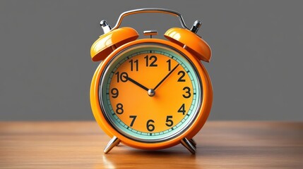 bright orange vintage twin bell alarm clock with black numbers sitting on wooden surface against plain gray background showing time ten o'clock ten minutes