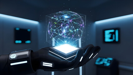 Futuristic Robotic Hand Holding Digital Sphere: Concept of AI, Machine Learning, Metaverse and High Tech Future
