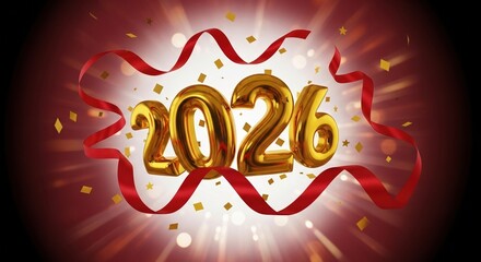 Celebratory golden 2026 with red ribbon and confetti. Festive event or milestone celebration.