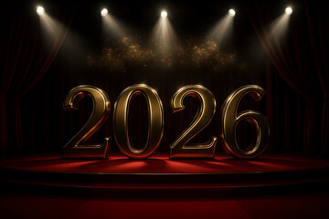 Golden 2026 on stage with spotlights, red curtains, new year event