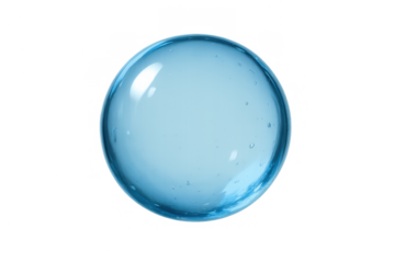 Blue transparent liquid gel sphere featuring internal bubbles and reflections, representing hydration, purity, and scientific concepts. Transparent background