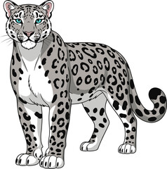Majestic Snow Leopard Standing with Detailed Fur Patterns and Bright Blue Eyes Vector Illustration