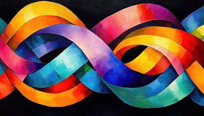 Vibrant intertwined ribbons in a continuous loop with smooth gradient transitions on a dark background evoking energy and harmony