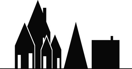 Black silhouette of abstract houses and geometric shapes on white background architecture