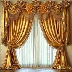 Luxurious golden silk curtains with intricate tassel ornaments draped elegantly over sheer white curtains in a classic grand room setting