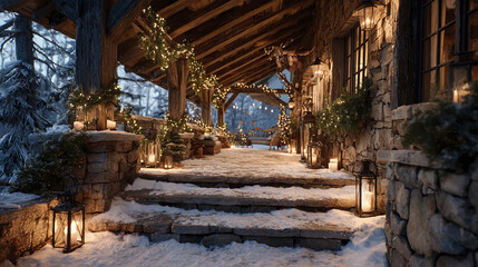 Rustic porch decorated with garlands and warm lantern glow lighting snowy stone pathway, creating cozy and festive winter atmosphere at dusk