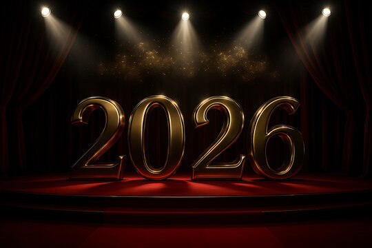 Golden 2026 on stage with spotlights, red curtains, new year event - Powered by Adobe
