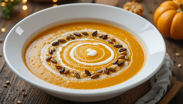 Creamy pumpkin soup garnished with seeds and swirl of cream - Powered by Adobe