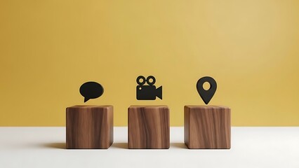 Three wooden blocks with icons representing communication, media, and location on a white surface against a yellow background