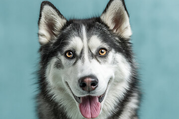 Siberian husky dog with black and white fur looking happy with tongue out on pastel blue green background