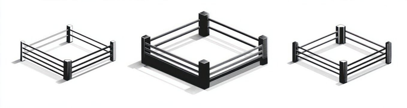 three empty boxing rings of varying sizes and styles arranged on a white background with shadows showing depth and perspective