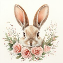 Obraz premium Close-up of a cute brown and white rabbit head surrounded by soft pink roses and delicate green foliage in a gentle and peaceful composition