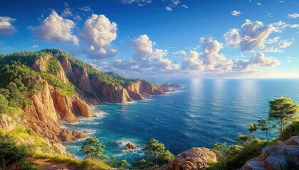 Bright coastal landscape with rocky cliffs covered in trees overlooking the calm blue sea under a partly cloudy sky during golden hour
