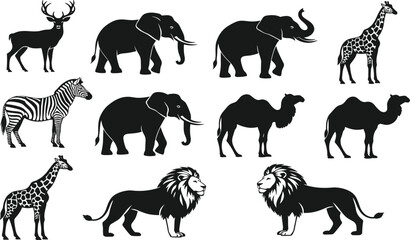 Collection of black silhouette animal icons including deer elephant zebra giraffe and lion