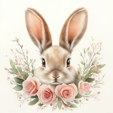 Close-up of a cute brown and white rabbit head surrounded by soft pink roses and delicate green foliage in a gentle and peaceful composition