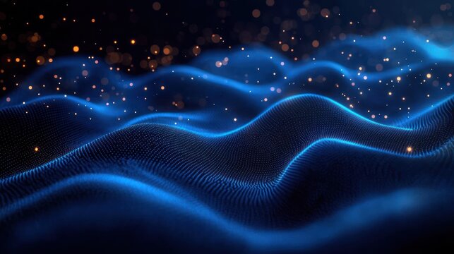 Abstract blue digital waves formed by glowing dots with scattered golden particles floating above in a dark space, evoking a futuristic and dynamic atmosphere - Powered by Adobe