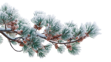 Frosted Pine Branch with Snow and Cones on White Background
